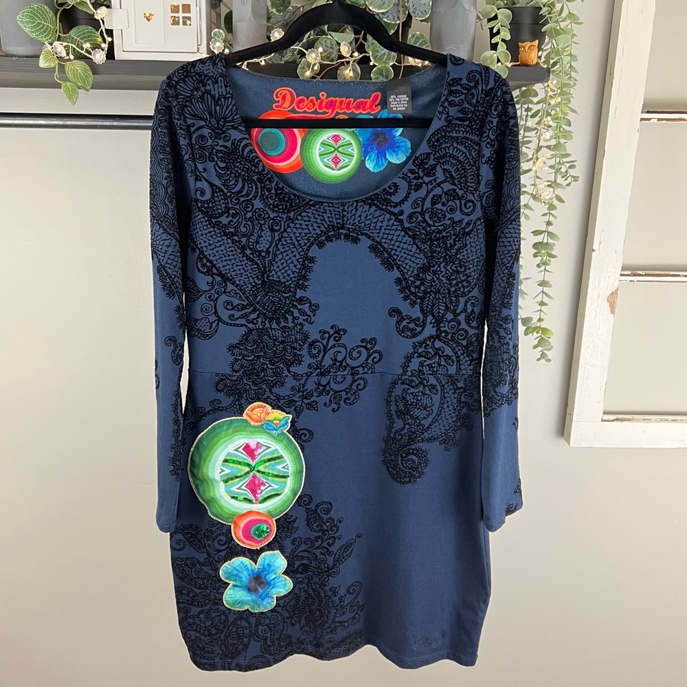 Desigual long sleeve mixed media dress in navy blue